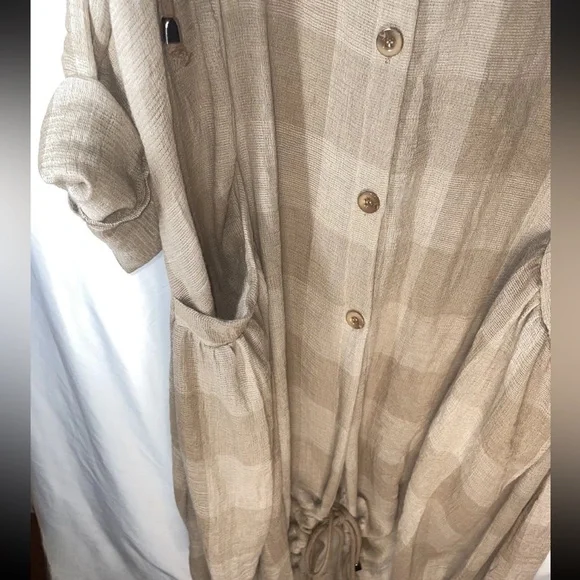 Natural Plaid Check Lagenlook Tunic Dress Size Large Drawstring Button Front - Picture 7 of 14